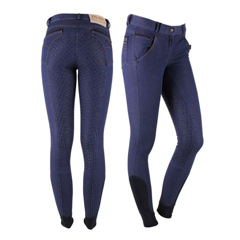 Bryczesy QHP Denim lej silikonowy full Blue, niebieskie